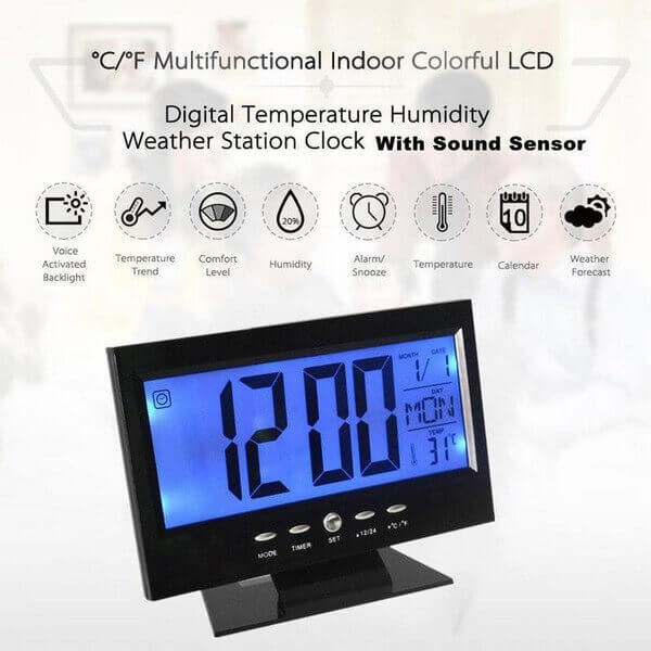 Despertador reloj digital gran pantalla LCD iluminación con termómetro y calendario control de voz