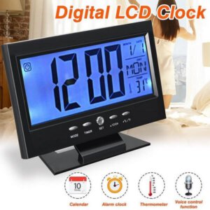 Reloj despertador digital pantalla LCD con temperatura y calendario control de voz